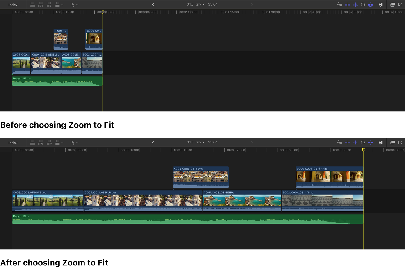 The timeline shown before and after choosing Zoom to Fit