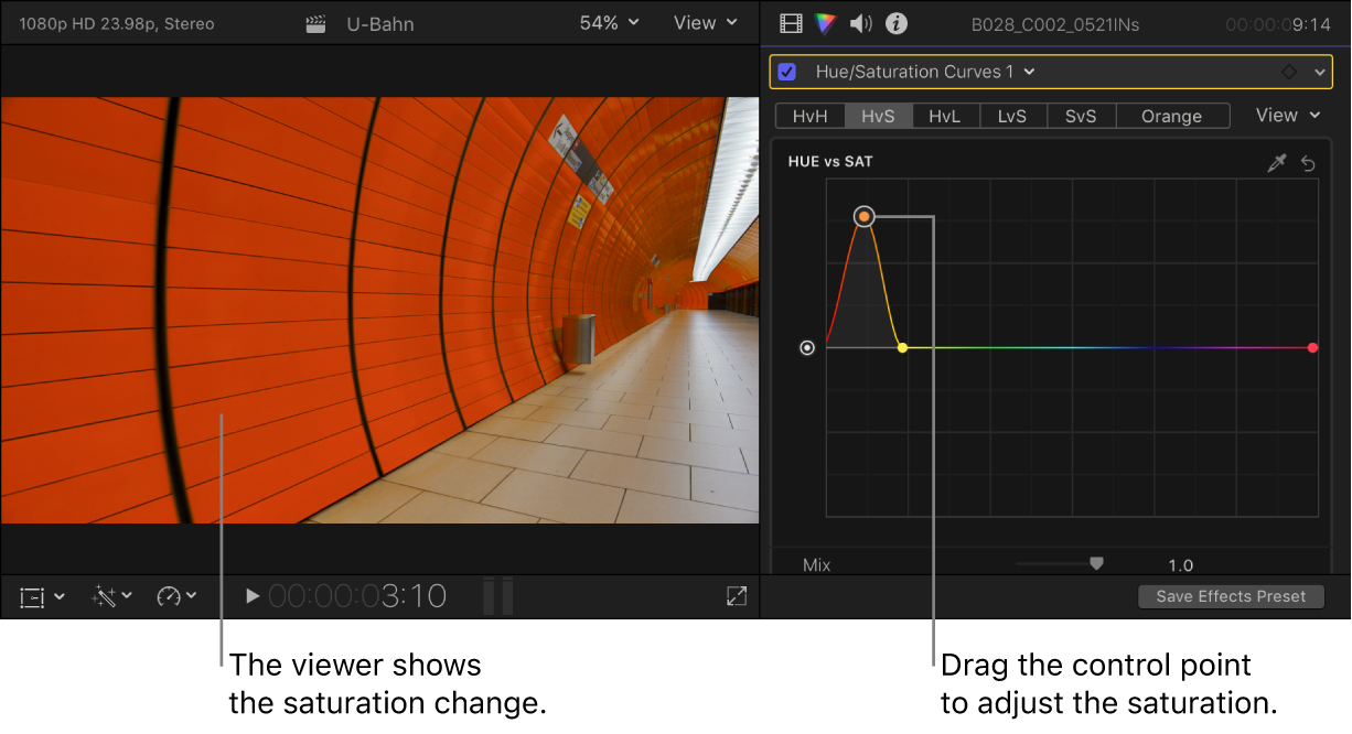 The viewer on the left showing the saturation change, and the Color inspector on the right showing control points on the Hue vs Sat curve