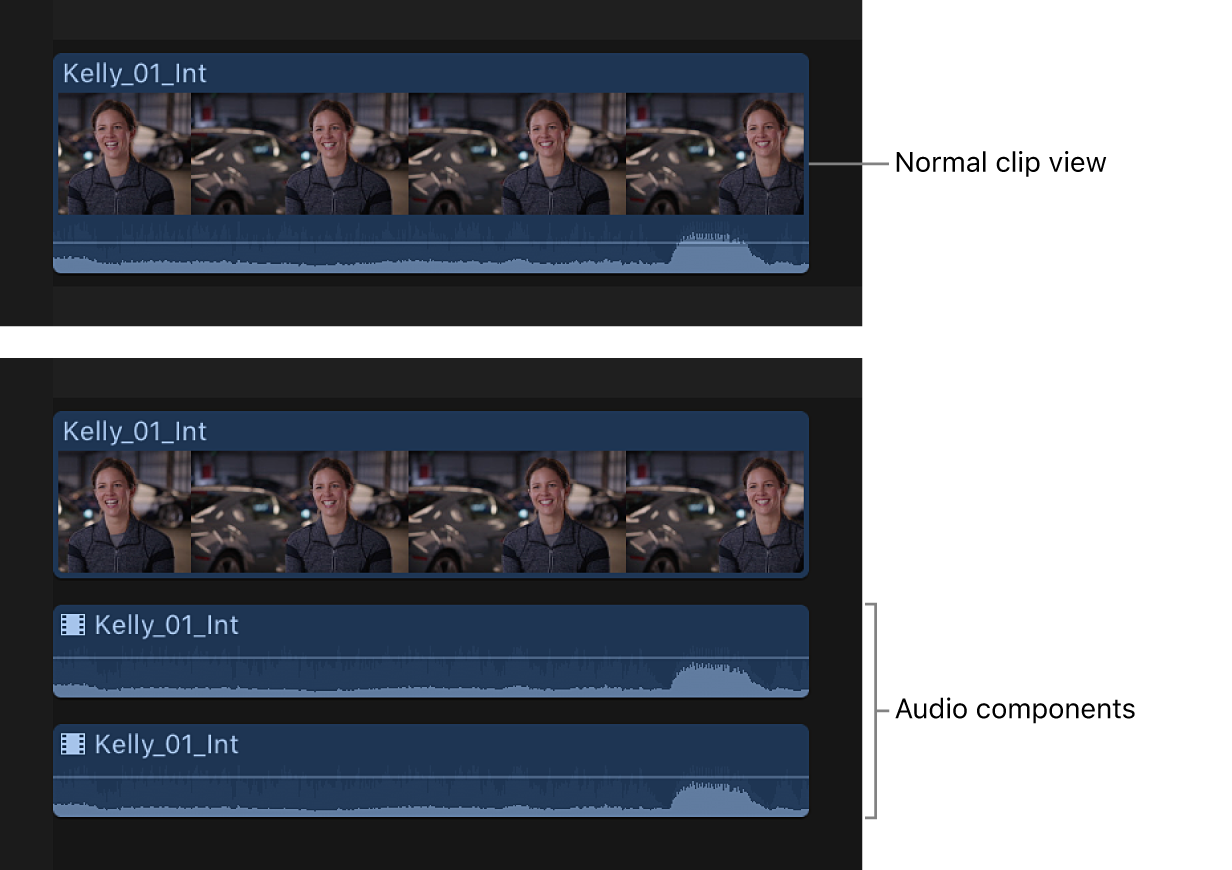 A clip in the timeline shown before and after its audio components are expanded