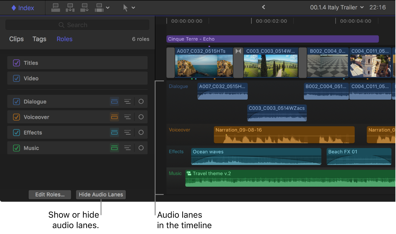 The timeline index after the Show Audio Lanes button has been clicked, and the timeline showing all lanes