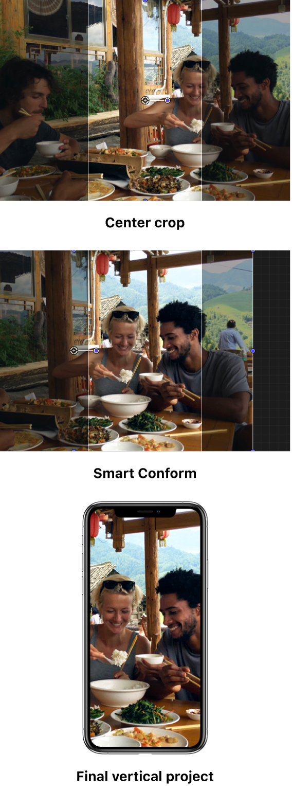 The first example shows a horizontal clip in a vertical project, with a default center crop that doesn’t capture the main area of interest—the two people on the right side of the frame. The second example shows the same image reframed using Smart Conform, showing just the two people on the right. The third example shows the reframed image in the final vertical project on an iPhone screen.