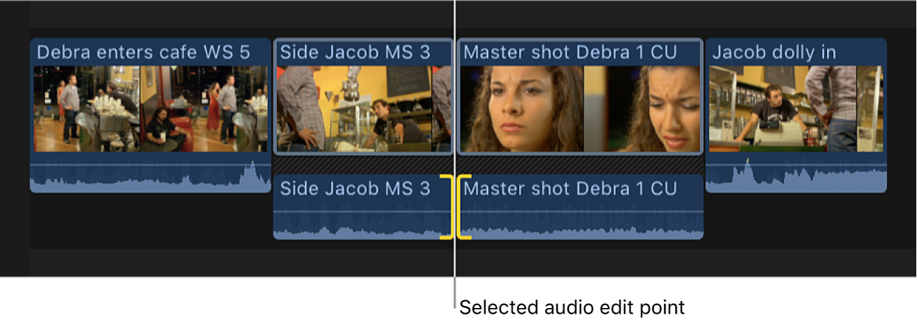 Both sides of an audio edit point shown selected in the timeline