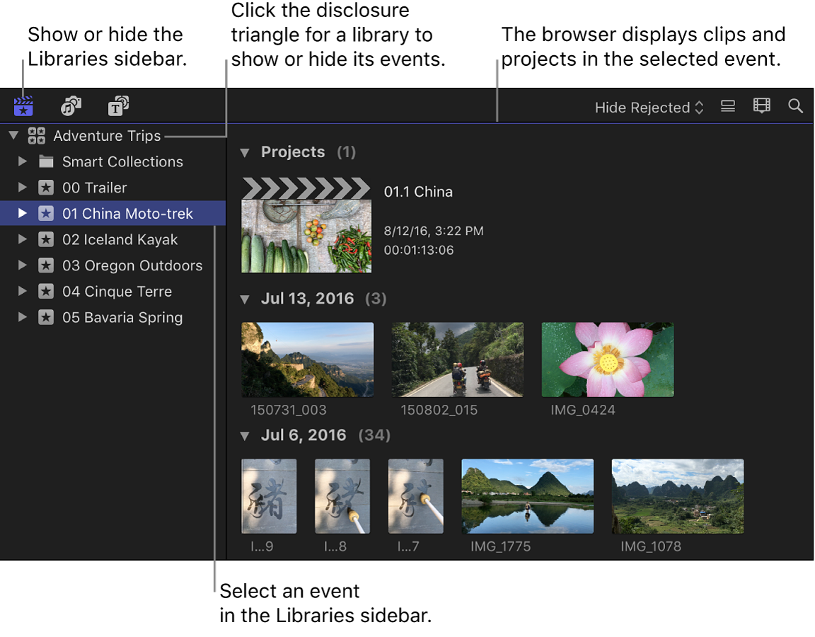 Libraries open in the Libraries sidebar, and a selected event shown in the browser