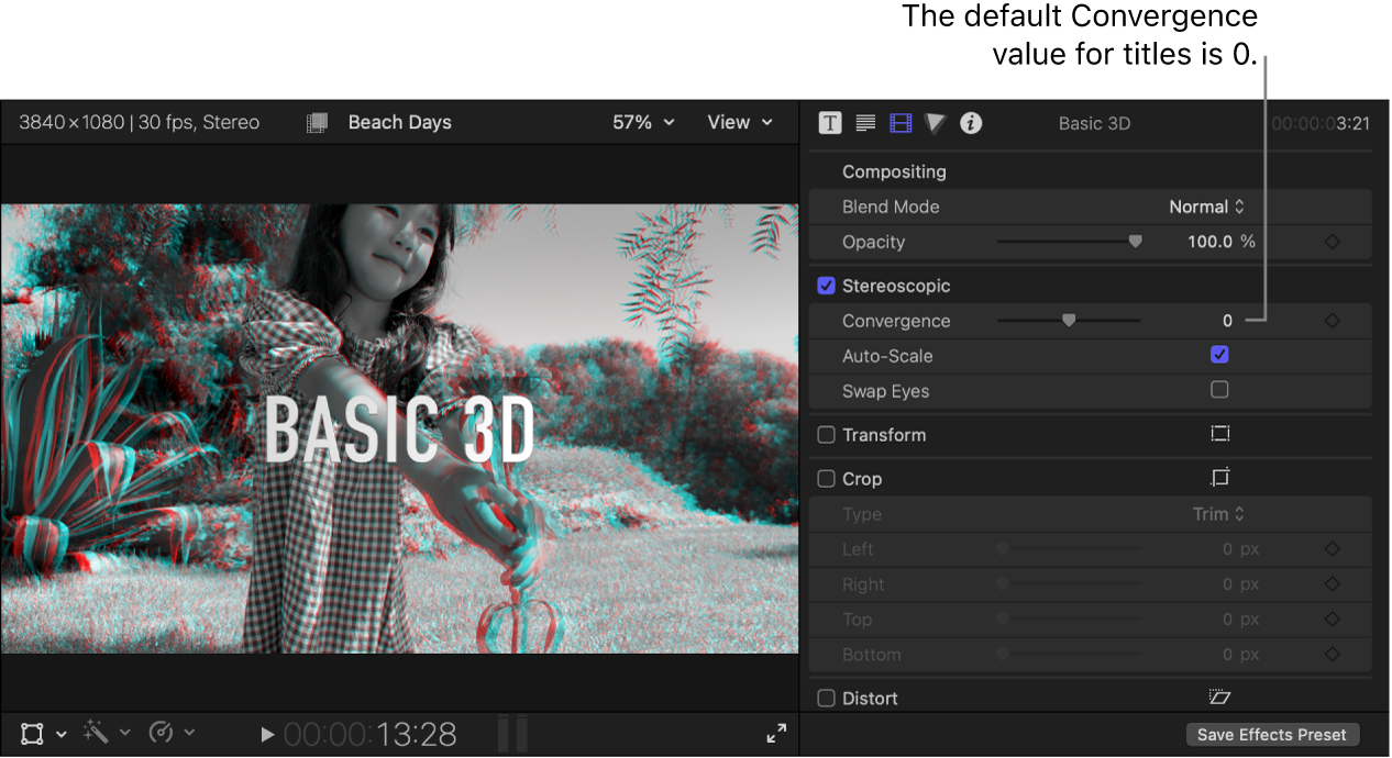 The viewer showing a stereo clip with the Basic 3D title, and the inspector showing the Convergence control set to 0