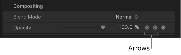The next and previous arrows next to the Keyframe button for the Opacity parameter in the Video inspector