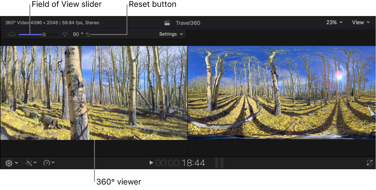 The Field of View slider, the Reset button, and the Settings pop-up menu above the 360° viewer