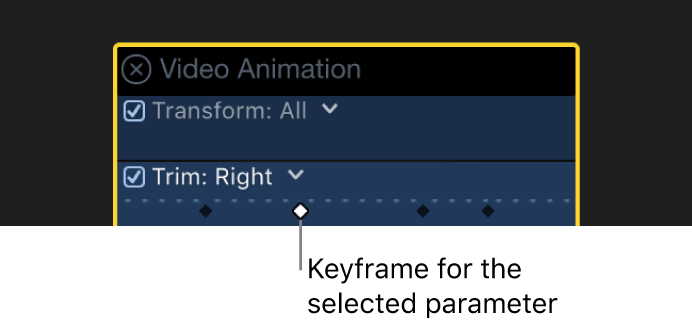 El editor de animación de vídeo con fotogramas clave activos e inactivos