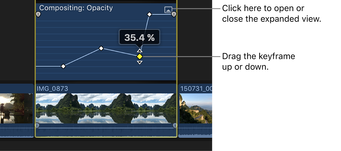 Un fotograma clave que se está arrastrando en el editor de animación de vídeo para cambiar el valor del parámetro