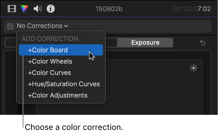 Opción “Tablero de colores” seleccionada en la sección “Añadir corrección” del menú desplegable de la parte superior del inspector de color