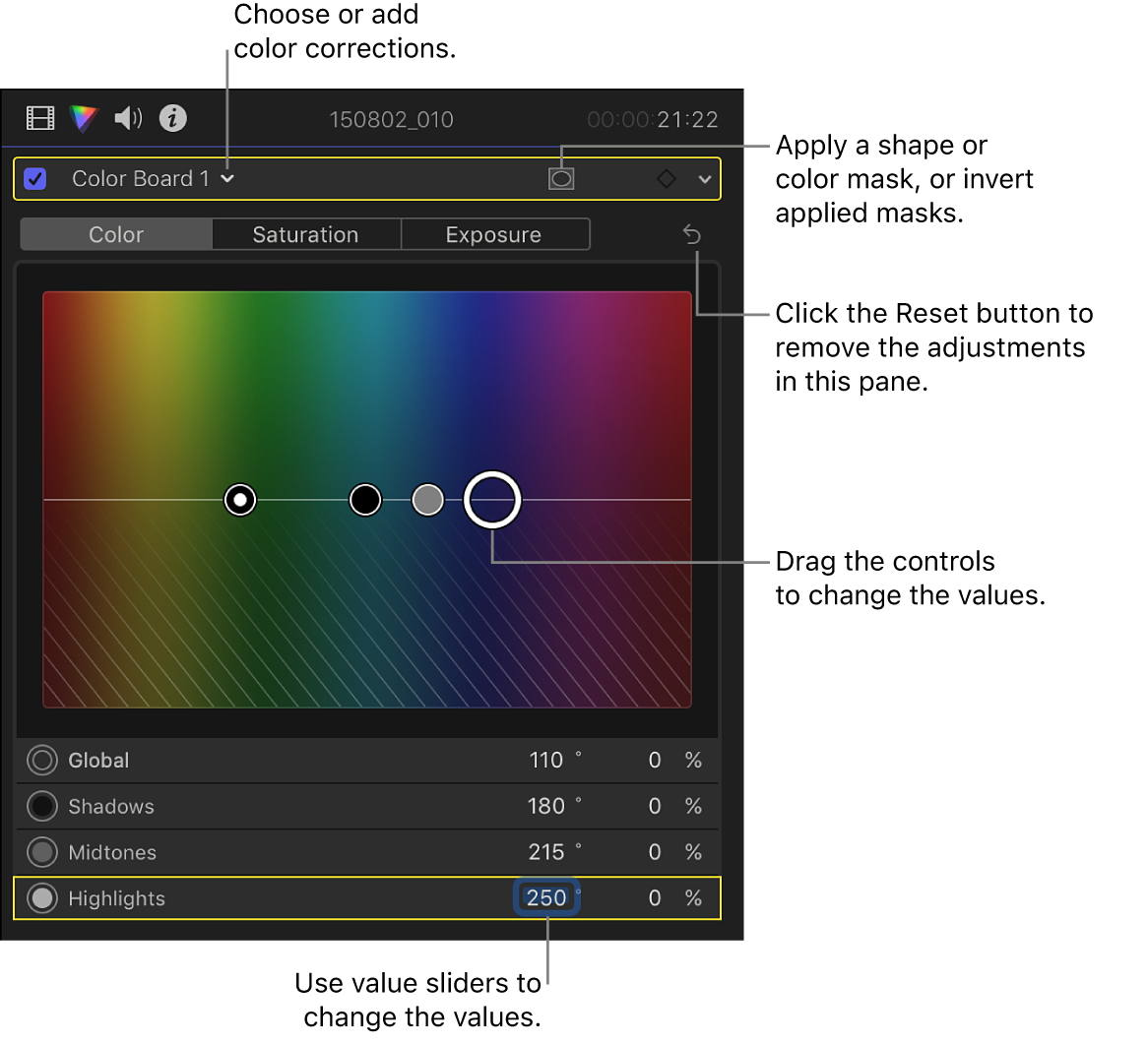 El inspector de color con controles en el panel Color del “Tablero de colores”