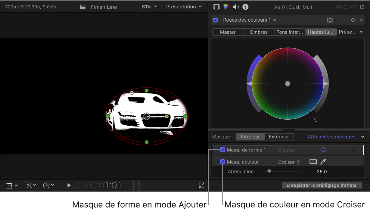 Visualiseur affichant une voiture isolée à l’aide des deux masques et l’inspecteur de couleur où s’affichent les réglages des masques