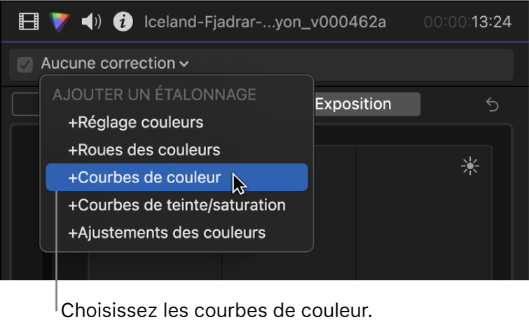 Courbes de couleur choisies dans la section Ajouter une correction du menu local situé en haut de l’inspecteur de couleur