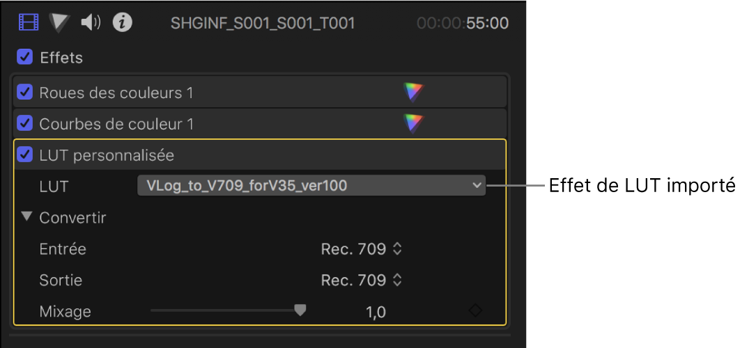 Section LUT personnalisée de l’inspecteur vidéo avec son menu local LUT reprenant un effet de LUT importé