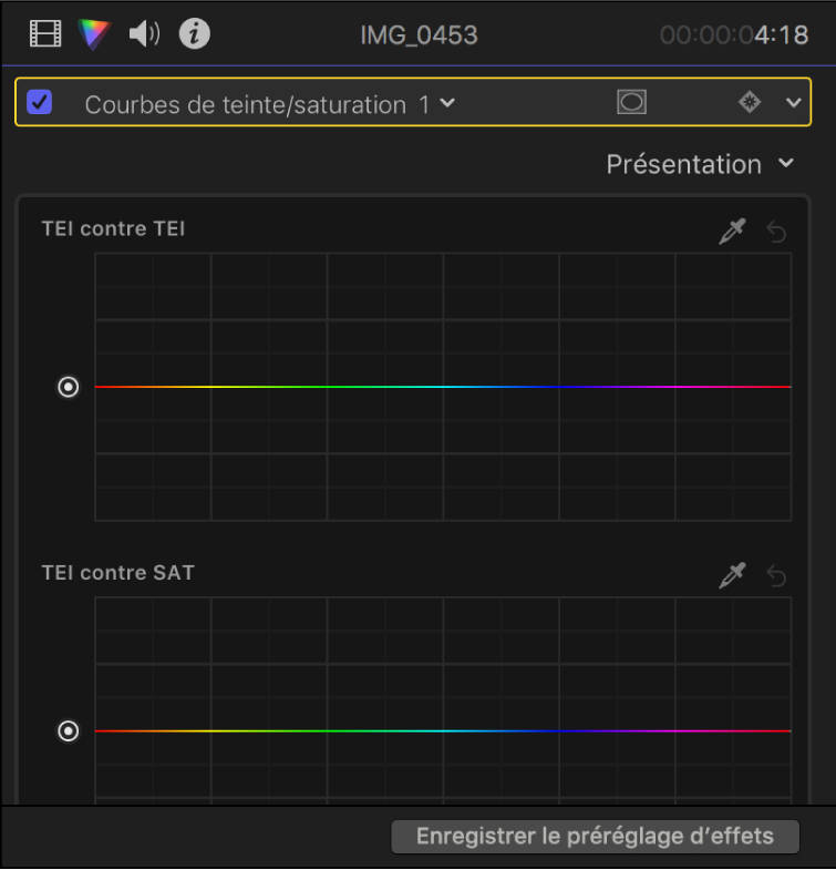 Inspecteur de couleur montrant les courbes de teinte et de saturation dans l’effet Courbes de teinte/saturation