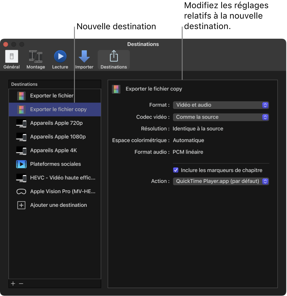 Sous-fenêtre Destinations de la fenêtre Réglages de Final Cut Pro montrant une destination « Exporter le fichier » dupliquée, sélectionnée dans la liste de gauche