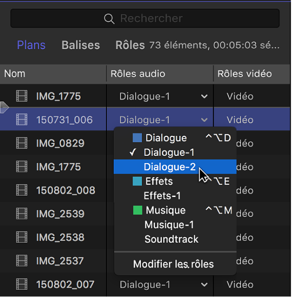 Colonne Rôles audio dans la fenêtre Plans de l’index de la timeline, montrant un menu avec les sous-rôles disponibles