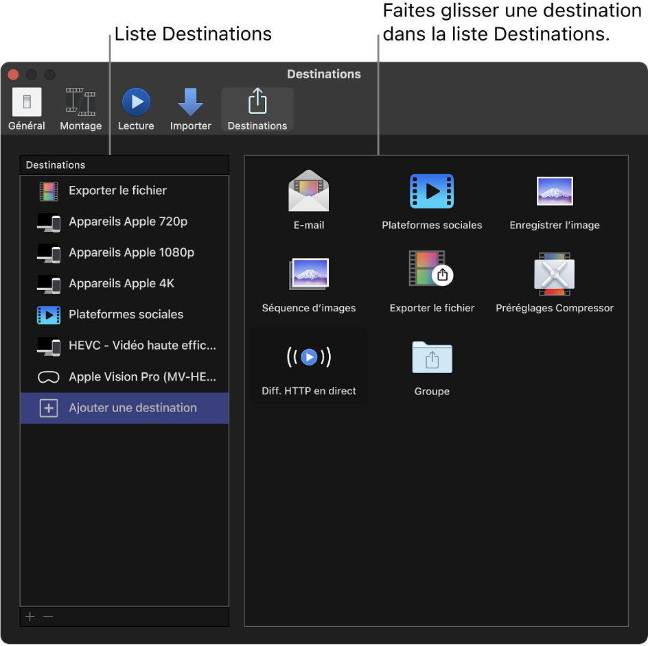 Sous-fenêtre Destinations de la fenêtre Réglages de Final Cut Pro avec l’option Ajouter une destination sélectionnée dans la liste de gauche