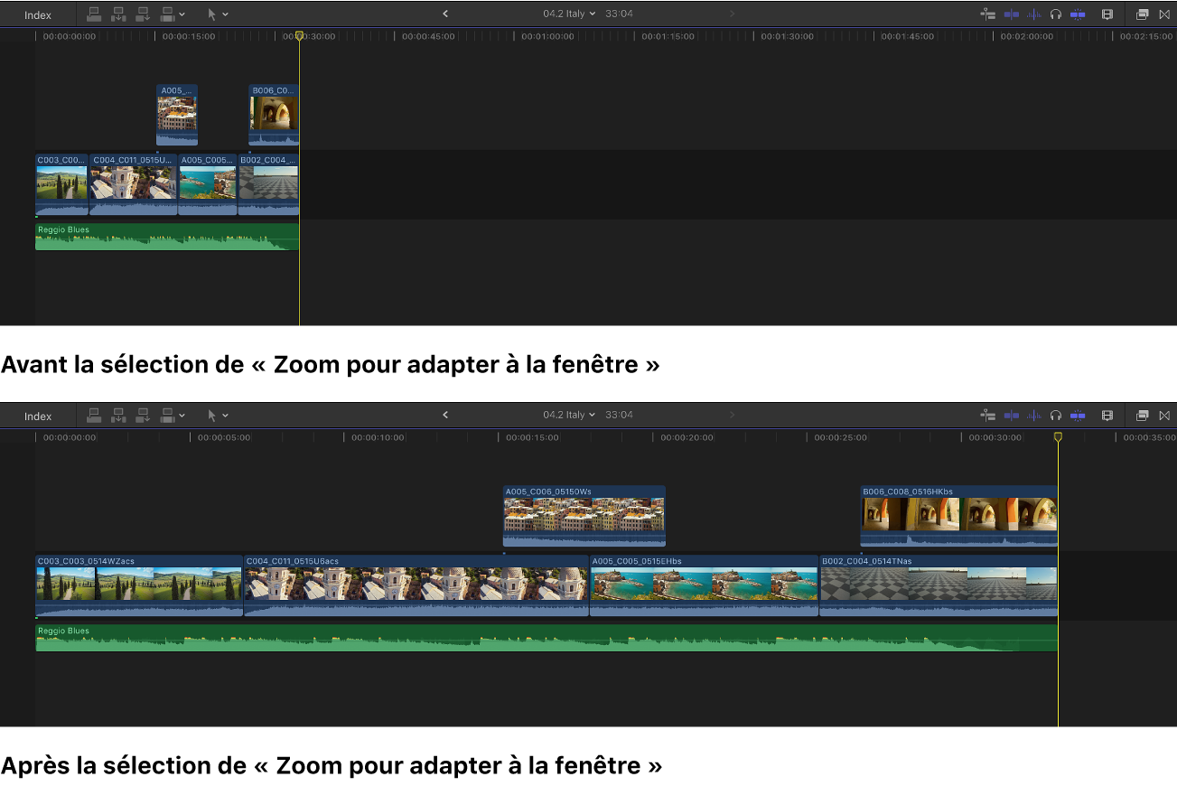 Timeline affichée avant et après la sélection de l’option « Zoom pour adapter à la fenêtre »