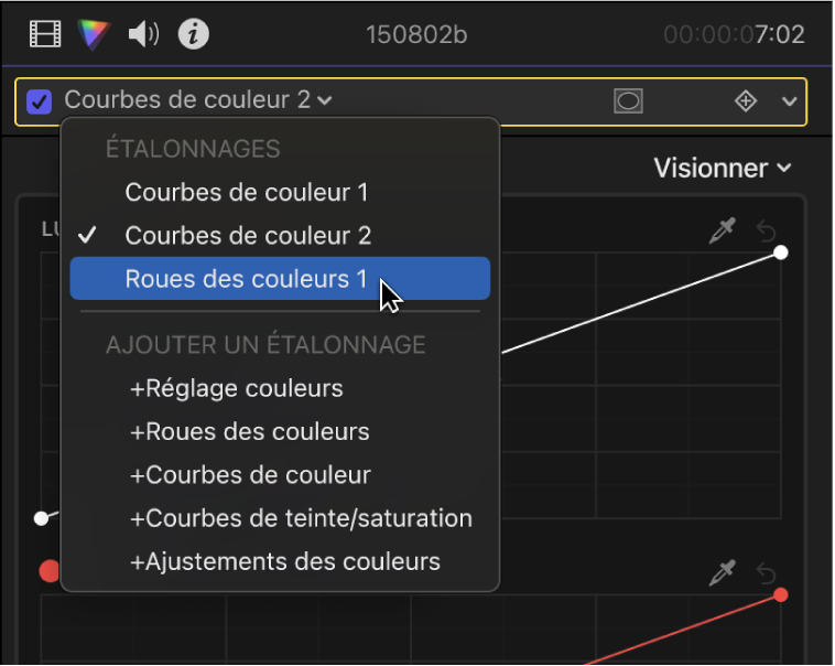 Menu local situé en haut de l’inspecteur de couleur affichant les effets d’étalonnage qui ont été ajoutés à un plan