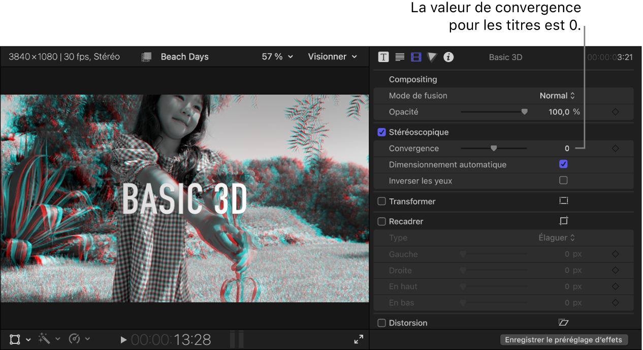 Le visualiseur affichant un plan stéréo avec le titre 3D de base et l’inspecteur montrant la commande Convergence réglée sur 0
