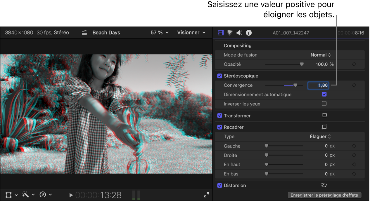 Le visualiseur affichant un plan stéréo en présentation Anaglyphe monochrome et l’inspecteur montrant le curseur Convergence réglé sur une valeur positive. Dans le visualiseur, le visage de l’enfant ne possède plus de bord rouge.