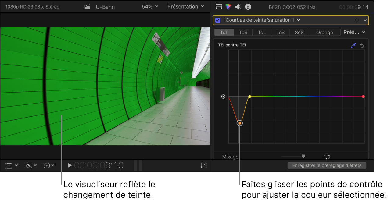 Visualiseur à gauche montrant la teinte changée et l’inspecteur de couleur à droite montrant les points de contrôle sur la courbe Teinte contre teinte