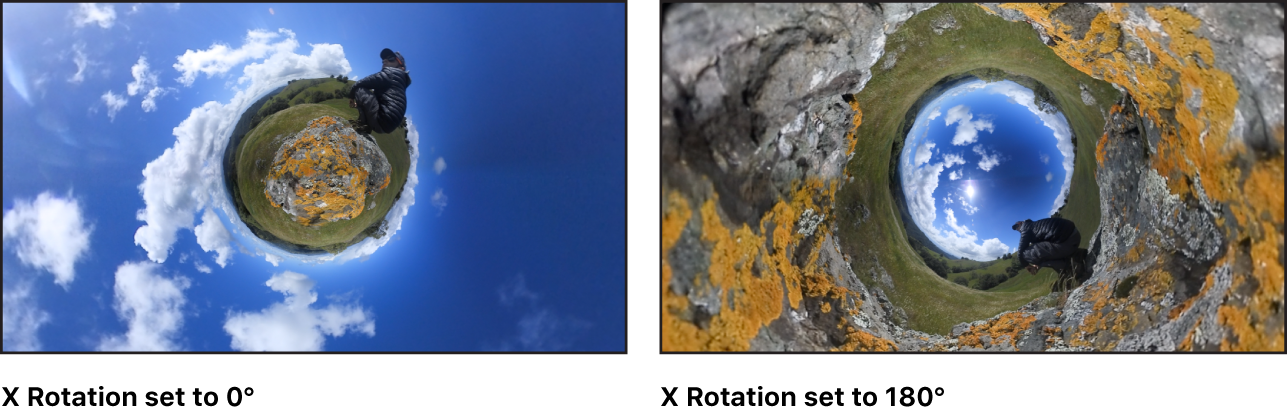 Canvas mit einem Vergleich des Effekts bei den Einstellungen „0“ und „175“ für den Rotationsparameter „X“