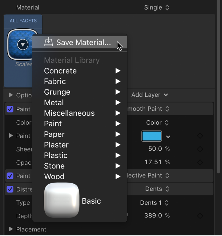 3D-Textinformationsfenster mit der Option „Material sichern“ im Einblendmenü für vordefinierte Materialien