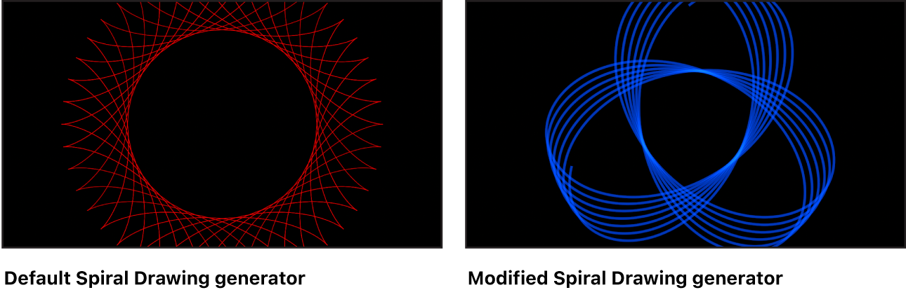 Canvas mit dem Generator „Spiralzeichnung“ und verschiedenen Einstellungen