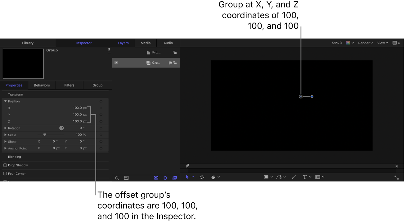 Canvas und Informationsfenster mit einer Gruppe mit folgenden Koordinaten: X=100, Y=100, Z=100