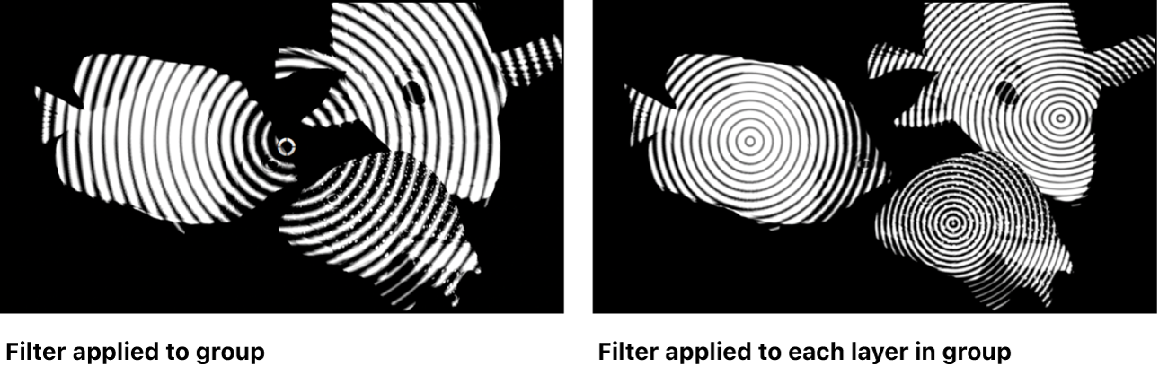 Canvas mit dem relativen Effekt eines Filters, der einmal auf eine Gruppe oder mehrmals auf jedes Einzelobjekt in der Gruppe angewendet wird