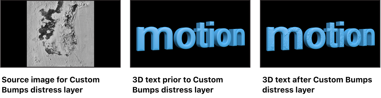 Canvas showing image used as Custom Bumps distress layer, 3D text prior to applying Custom Bumps distress layer, and 3D text after applying Custom Bumps layer