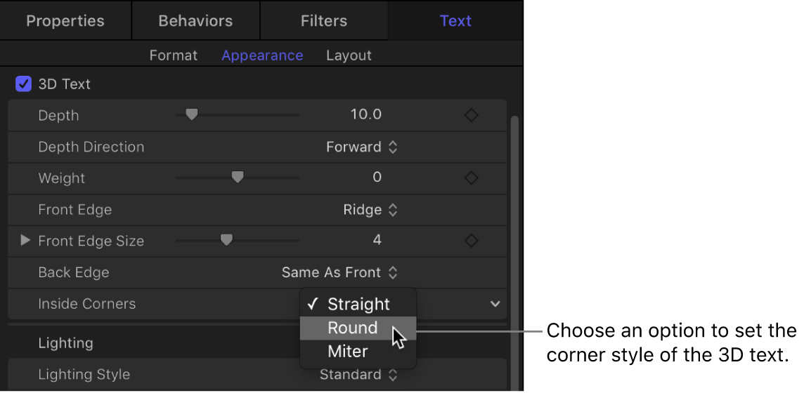 Appearance pane Text Inspector showing options in the Inside Corners pop-up menu