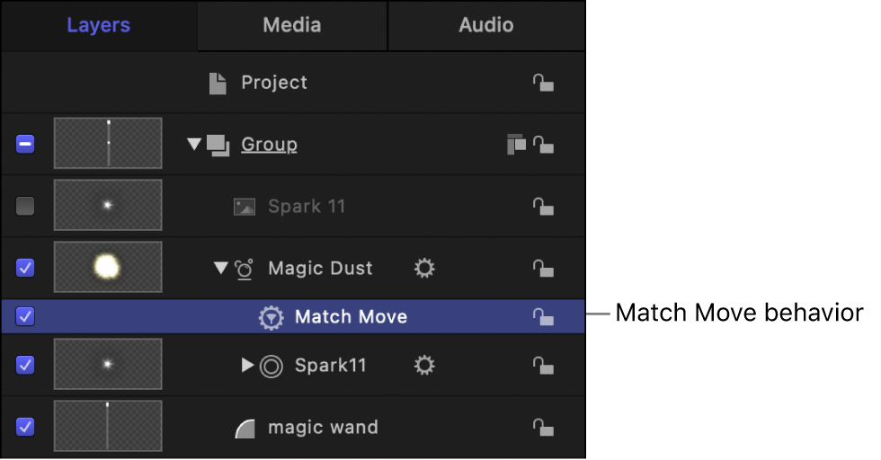 Layers list showing the Match Move behavior applied to a particle emitter