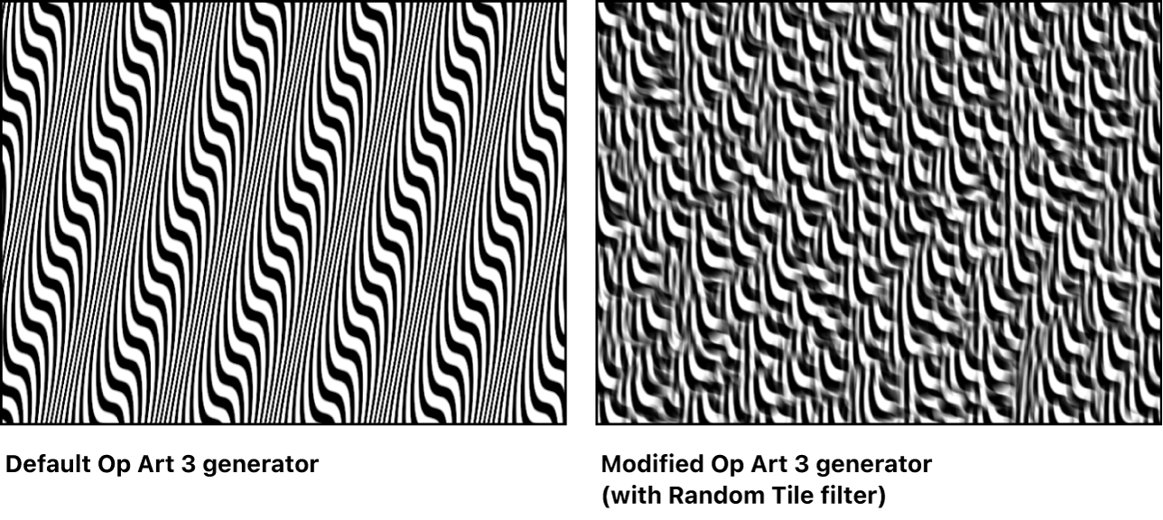 Canvas showing Op Art 3 generator alone and with Random Tile filter applied