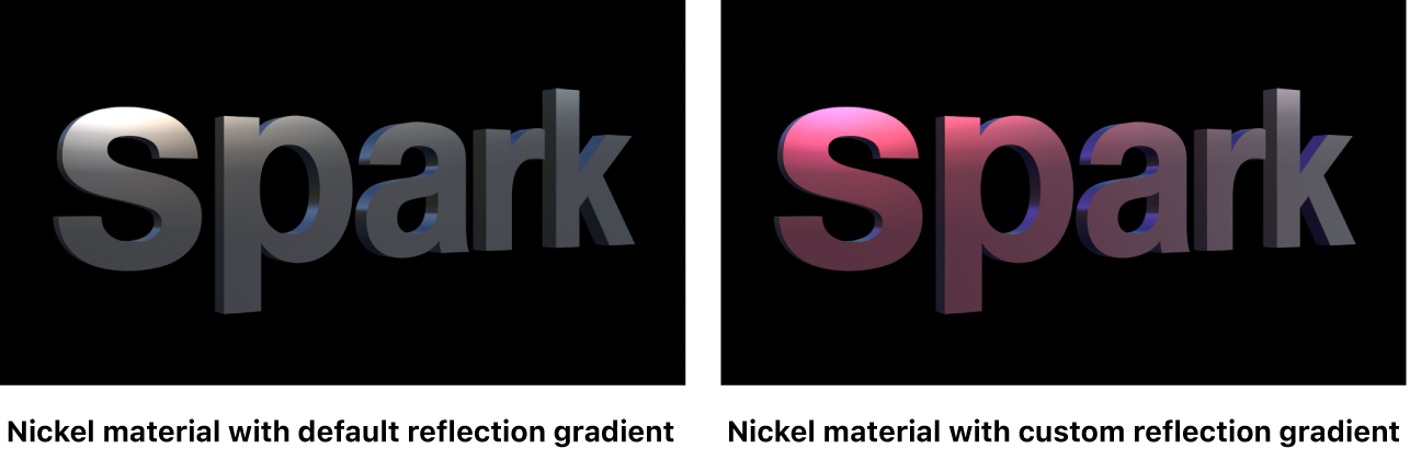 Canvas showing 3D text with default Nickel Reflection Gradient and modified Nickel Reflection Gradient