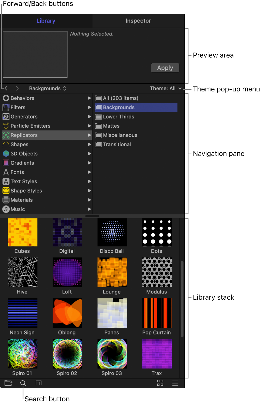Areas of the Library: Preview area, forward and back buttons, Theme pop-up menu, navigation pane, Library stack, and the search button