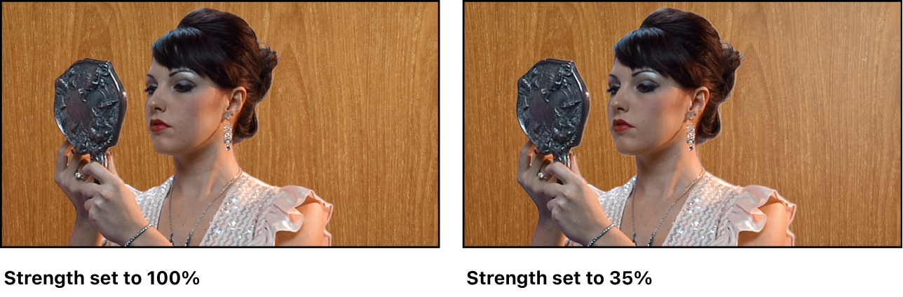 Comparison of two keyed images in the canvas. In the first example, Strength is set to 100 percent. In the second example, Strength is set to 35 percent.