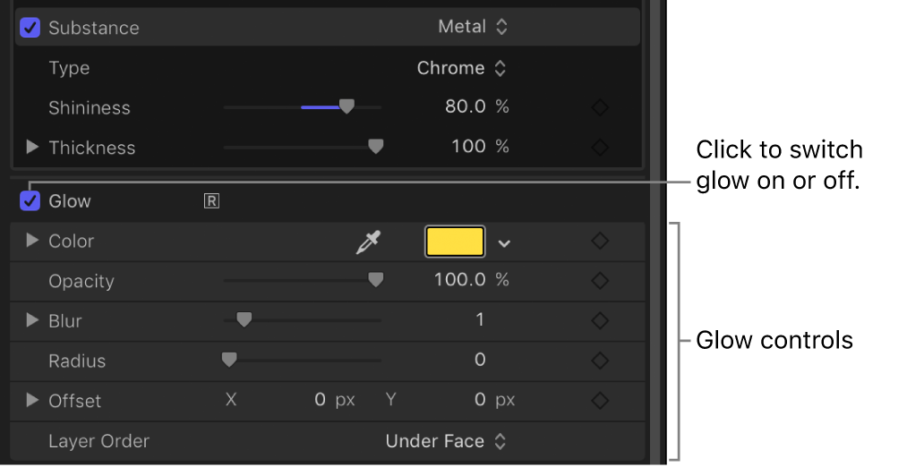 Glow Controls in the Appearance pane of the Text Inspector