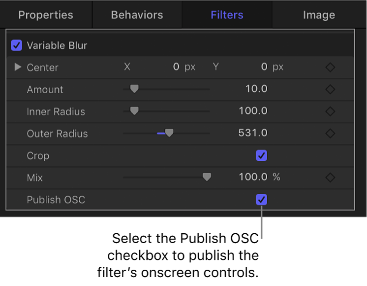 Filter Inspector showing Publish OSC checkbox