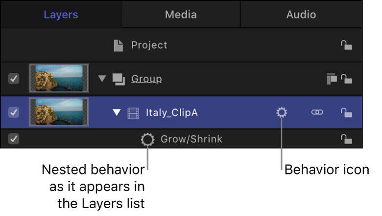 Layers list showing behaviors applied to an object