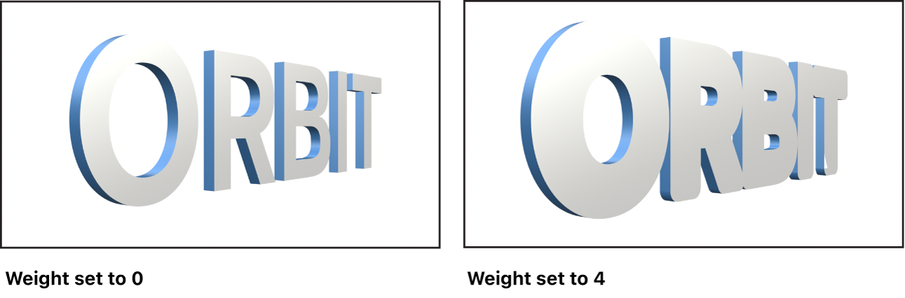 Canvas showing 3D text with Weight set to 0 and 3D text with Weight set to 4