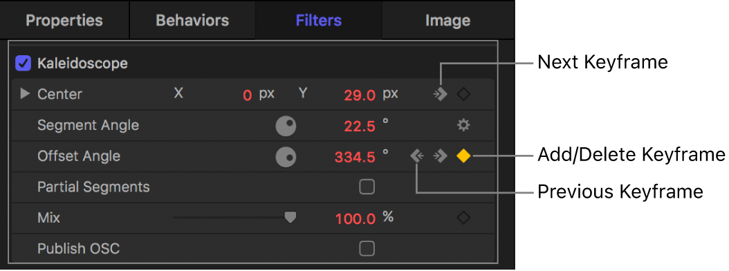 Inspector showing Previous Keyframe, Add/Delete Keyframe, and Next Keyframe controls