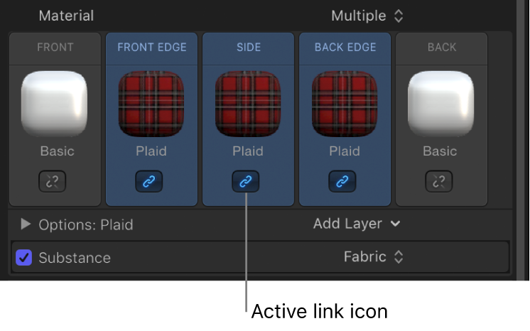 3D Text Inspector showing multiple materials selected and the active link icon