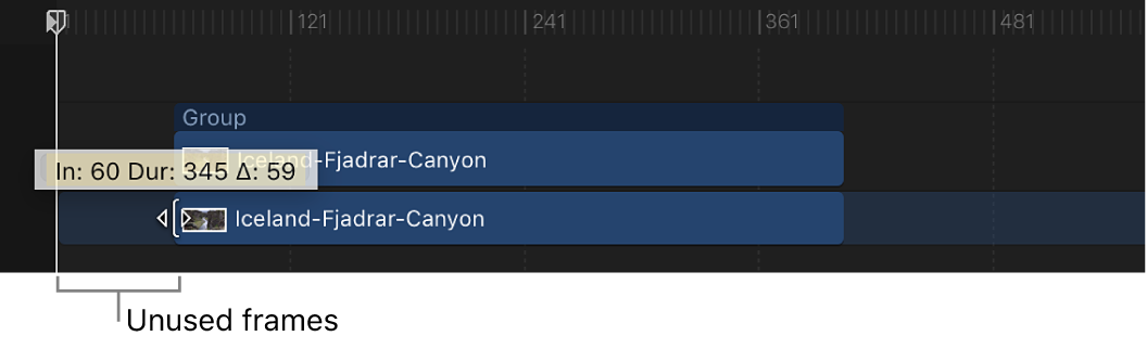 Timeline showing an object being trimmed, revealing unused frames