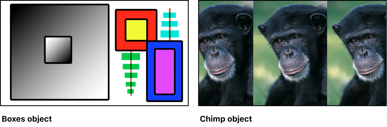 Two source images: a collection of color boxes and a photo of a monkey