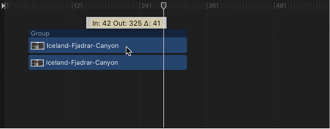 Timeline showing an object being moved in time