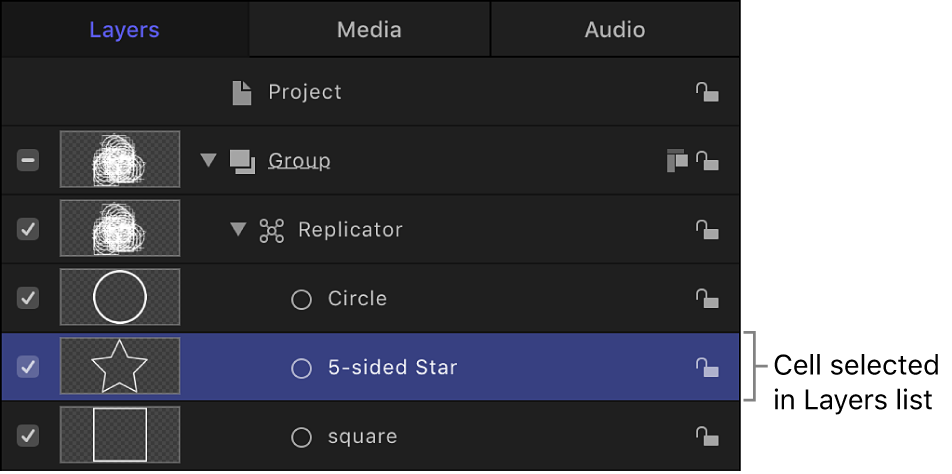 Layers list with selected replicator cell