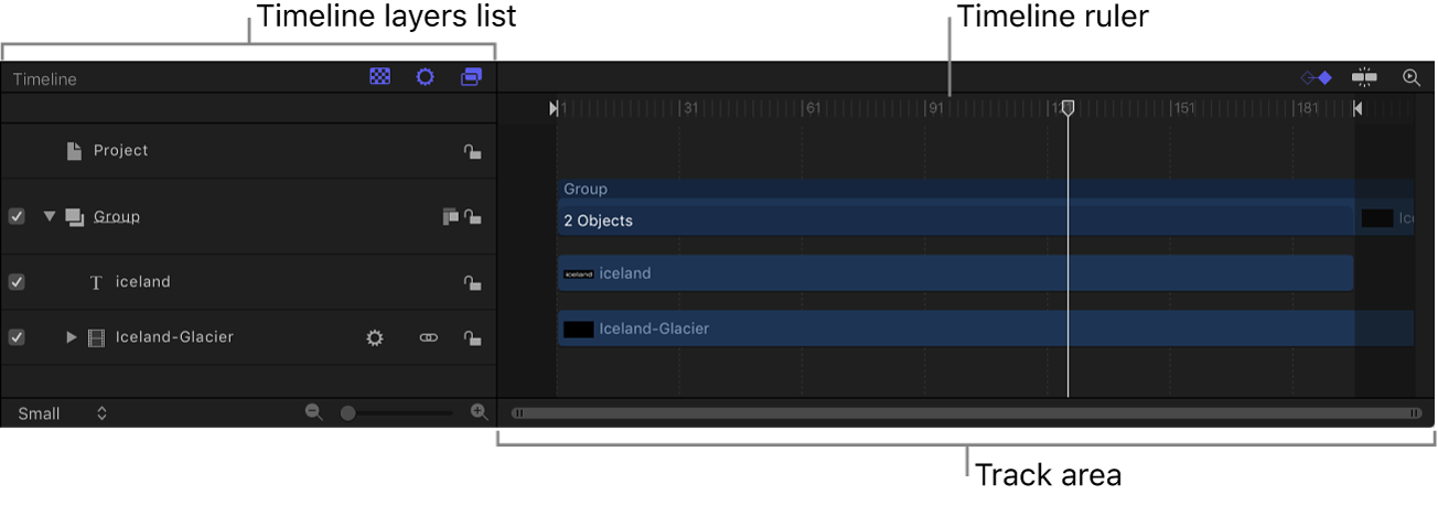 Timeline showing Timeline layers list, ruler, and track area