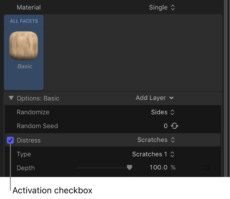 3D Text Inspector showing activation checkbox for a material layer